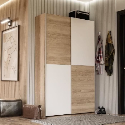 Armoire 2 portes coulissantes multifonction - Blanc et chene clair - L120 x P41,6 x H190,5 cm - OZZULA