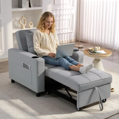 HOMCOM Convertible 3-in-1 Sleeper Chair Bed Light Grey