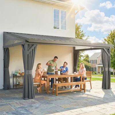 Outsunny Garden Pergola Steel Roof with Curtains Dark Grey 4.3x3m