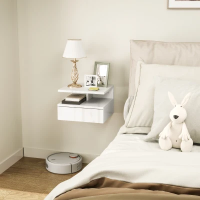 HOMCOM Floating Bedside Table High Gloss White