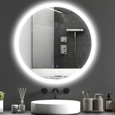 kleankin Espejo de Baño Redondo con Luces LED 70x70cm Espejo Antivaho 3 Luces de Colores Función de Memoria Interruptor Táctil