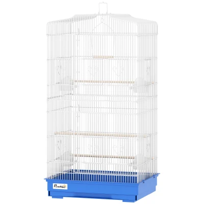 PawHut Cage pour Oiseaux Volière Métallique avec 4 Mangeoires 3 Perchoirs Balançoire et Tiroir Amovible Poignée 46,5×35,5×92 cm Bleu
