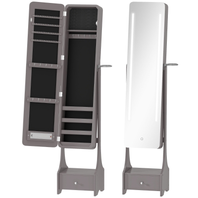 HOMCOM Oglindă-dulap pentru bijuterii cu lumini LED Dulap bijuterii cu oglindă full-length reglabilă pe unghi Sertar Oprire automată a luminilor Gri