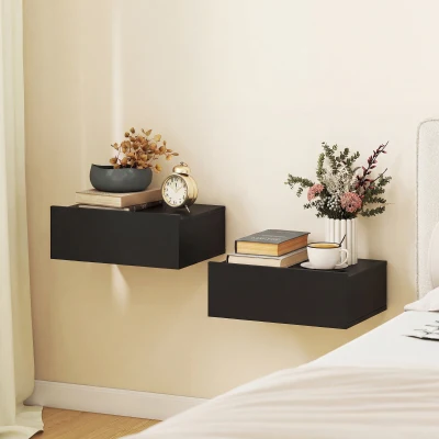 HOMCOM Floating Bedside Table Set of 2, Wall-Mounted Nightstand with Storage Drawer, Small Side End Table for Bedroom, Black