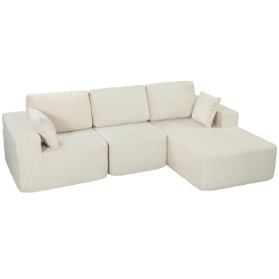 HOMCOM Sofá esquinero modular 2 en 1, 267 cm, sofá cama 3 plazas en terciopelo acanalado, asientos y reposabrazos anchos, crema