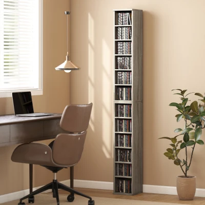 HOMCOM Set of 2 CD Media Display Shelf Unit Tower Rack with Adjustable Shelves, Distressed Grey
