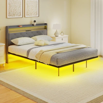 HOMCOM Cadru de pat 140 x 190 cm cu somieră din oțel, pat dublu plutitor cu lumini LED RGB și stație de încărcare, gri