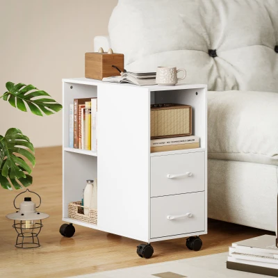 HOMCOM Tavolino a Rotelle con Cassetti, Vano e Ripiano Bianco