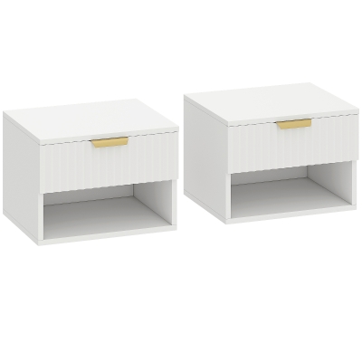 HOMCOM Conjunto de 2 Mesas de Cabeceira Flutuantes Estreitas com Gaveta com Frente Canelada e Prateleira Aberta 40x34x29 cm Branco