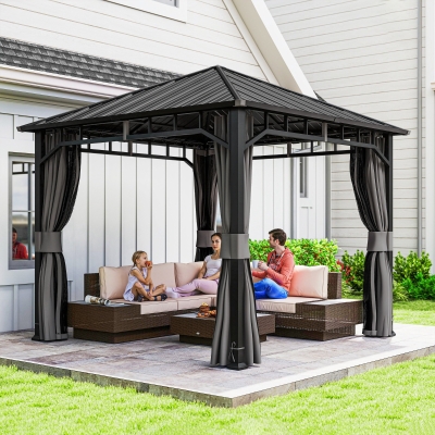 Outsunny Paviljoen 3 x 3 m waterdicht stevig winterbestendig tuinpaviljoen met zijpanelen, netten, haken hardtop donkergrijs
