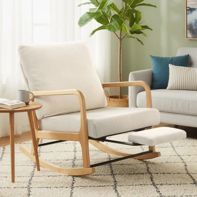 HOMCOM Poltrona Baloiço com Encosto Ajustável de Veludo Cotelê Nórdica Pés de Madeira Braços Almofada Lombar 70x89x97,5 cm Creme