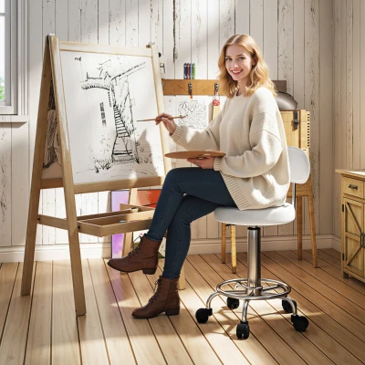 HOMCOM Banco Giratório com Rodas e Encosto Banco de Trabalho com Altura Ajustável Banco Estofado em Couro Sintético 32x40x70x70-86 cm Branco