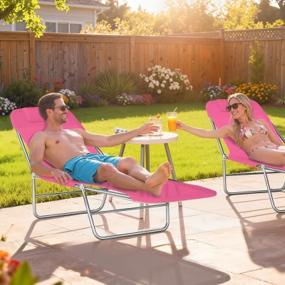 Outsunny Folding Sun Lounger with Head Pillow Pink