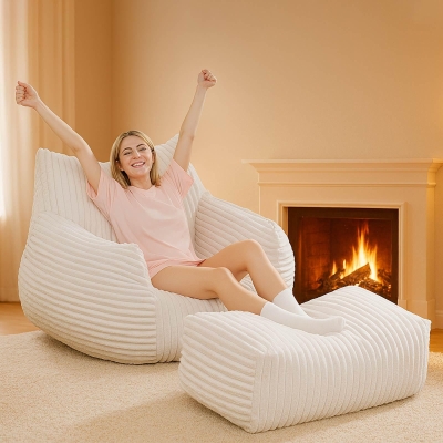 Soft Bean Bag Chair with Footrest and High-Density Shredded Foam, White