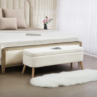 HOMCOM Bancă de depozitare, bancă cu 65 L spațiu de depozitare, material Teddy-Fleece, lemn de cauciuc, 120 x 42 x 45 cm, alb crem