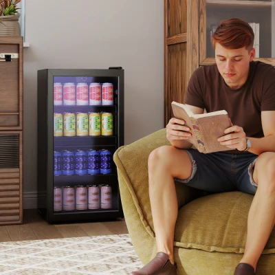 HOMCOM 93L Beer Fridge Glass Door Adjustable Shelves Black