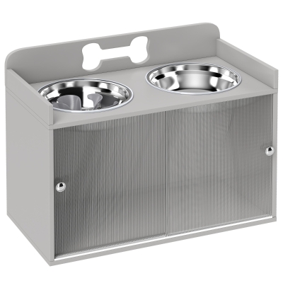 PawHut Stație de hrănire ridicată cu 2 boluri și dulap, MDF, oțel inoxidabil, model cu oase, Gri