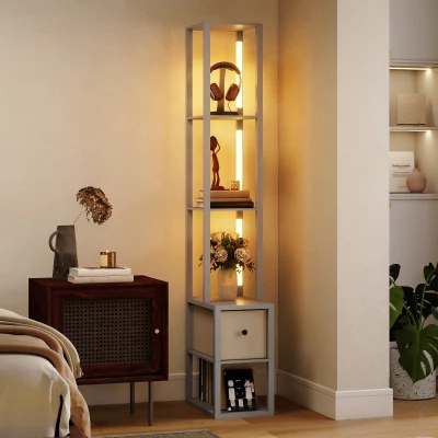 HOMCOM Floor Lamp with Shelves LED Fabric Drawer Grey