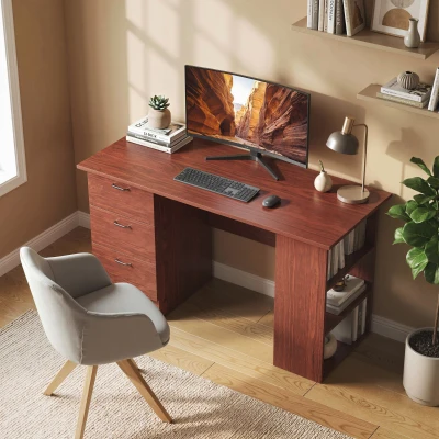 HOMCOM Computer Desk with Shelves & Drawers Walnut Brown