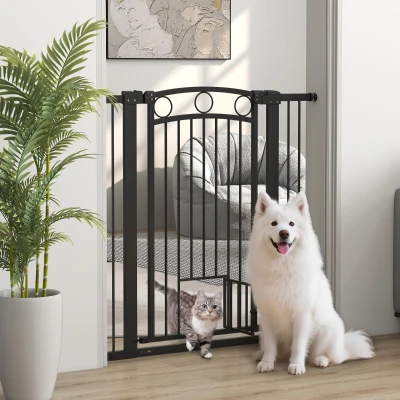 PawHut Poartă pentru animale de companie înaltă de 106 cm cu lățime reglabilă, ușă integrată pentru pisici, pentru scări și tocuri de ușă, Negru