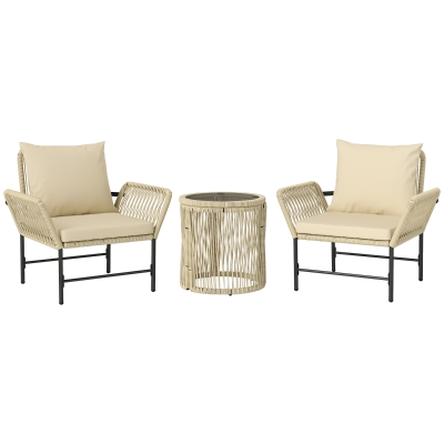 Outsunny Set mobilier de grădină din Polyrattan, mobilier outdoor pentru balcon pentru 2 persoane, 3 piese cu 2 scaune, măsuță laterală, perne