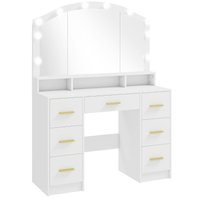 HOMCOM Masă de machiaj cu 10 becuri LED Hollywood, oglindă, 7 sertare, 3 compartimente, MDF, Alb