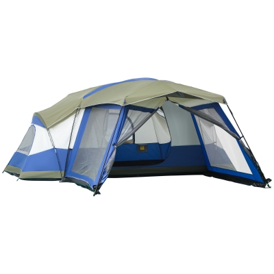 Outsunny Cort camping 6-8 persoane Cort familial cu vestibul 2 ferestre Cort cupolă piele ecologică3000mm pentru trekking festival fibră de sticlă Albastru 518 x 487 x 237 cm