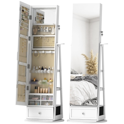 HOMCOM Espelho de Pé Giratório 360° com Espelho com Interior Iluminado Organizador de Jóias com Prateleiras e Gavetas 56x56x164 cm Branco