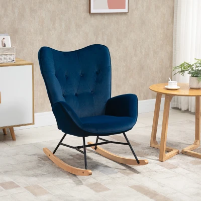 HOMCOM Fotoliu balansoar, rocking chair, fotoliu pentru alăptare confortabil cu structură din lemn masiv și metal pentru Living, Dormitor, Balcon, Catifea albastră