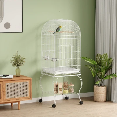 PawHut Vogelkäfig mit Rollen und Ablage 51x51x153 cm mit aufklappbarer Oberseite, Futterschalen und herausziehbarer Auffangschale Weiß