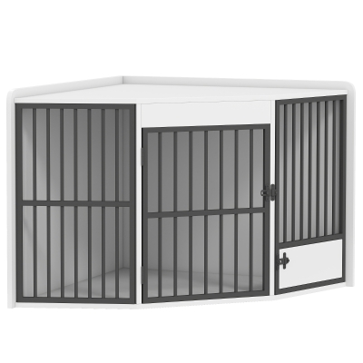 PawHut Cușcă pentru câini, box de odihnă pentru câini mici și medii, cutie pentru animale de companie, ușă pentru hrănire, MDF, metal, Alb