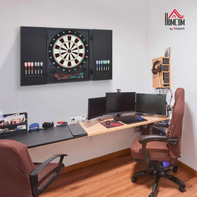 HOMCOM Diana Electrónica Digital hasta 8 Jugadores con 12 Dardos y 30 Puntas con Pantalla LED Puertas 27 Juegos Distintos y 202 Variantes 51x6,5x57 cm Negro