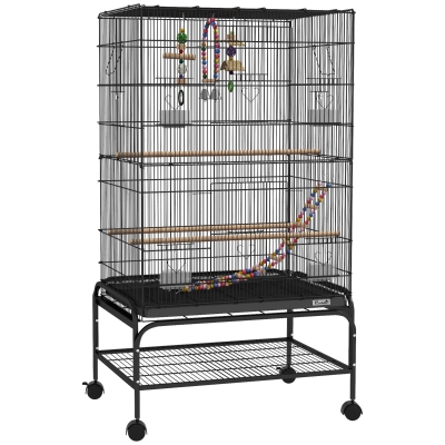 PawHut Colivie pentru Păsări 110 cm, Volieră pentru Perusi, Nimfe, Canari, Agapornis, Cinteze cu Roți, 4 Recipiente, Jucării, Tavă Detașabilă, Raft, Negru