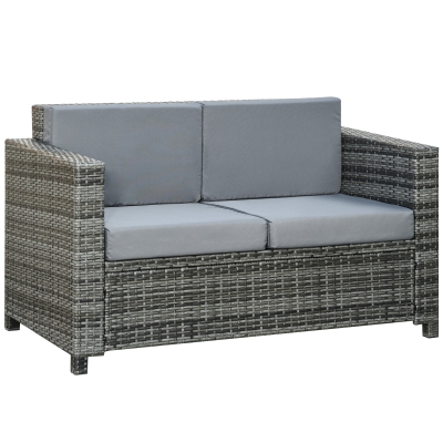 Canapea Outsunny din poly-rattan cu perne, canapea lounge de grădină 2 locuri metal poliester gri 130 x 70 x 80 cm