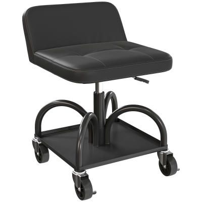 HOMCOM Scaun de atelier cu roți spațiu depozitare, 58,5 cm înălțime, scaun rulant până la 135 kg Negru