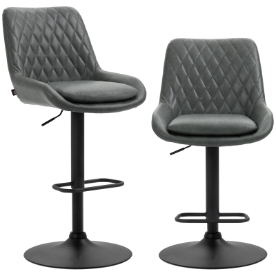 HOMCOM Retro Bar Stools Set of 2, Adjustable Kitchen Stool, Upholstered Bar Chairs with Back, Swivel Seat, Dark Grey