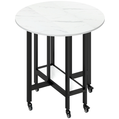 HOMCOM Folding Dining Table, Drop Leaf Table with Open Shelf, Rolling Kitchen Table for Dining Room, Small Spaces, White Marble