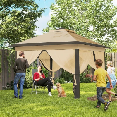 Outsunny Carpa Plegable 3,3x3,3 m con Altura Ajustable Doble Techo 4 Mosquiteras Extraíbles y Bolsa de Transporte Anti-UV Beige