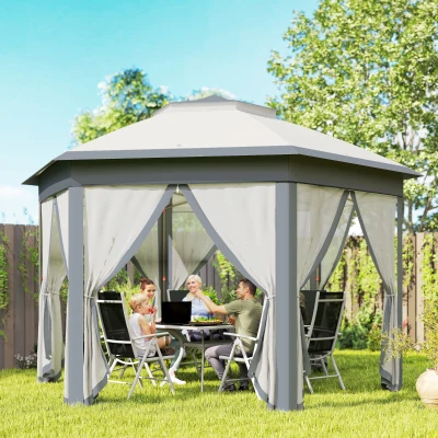 Outsunny Tenda Dobrável 4x3,4 m Tenda de Jardim Hexagonal com Duplo Tecto 6 Mosquiteiras Destacáveis e Saco de Transporte Cinzento
