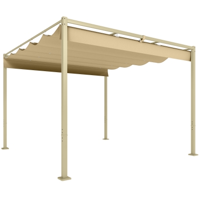 Outsunny Pérgola com Telhado Retrátil Pérgola de 3x3 m com Fecho Magnético Proteção UV30+ Pérgola para Jardim Cáqui