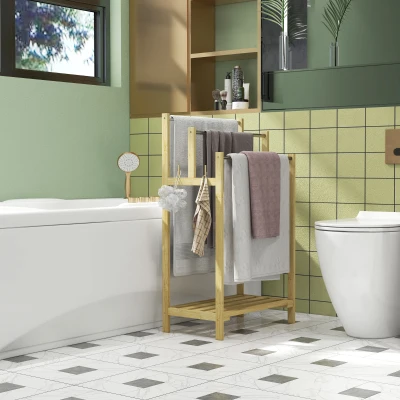 HOMCOM Toalheiro de Pé de Bambu com 3 Barras de Aço Inoxidável Prateleira Aberta 50,5x31x90 cm Natural