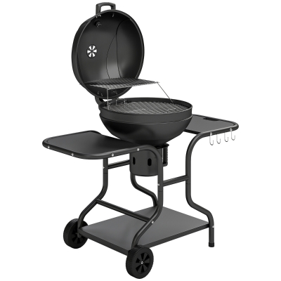 Outsunny Grătar pe cărbuni BBQ Smoker cu mese laterale, termometru în capac, roți 129 x 63,5 x 106,5 cm