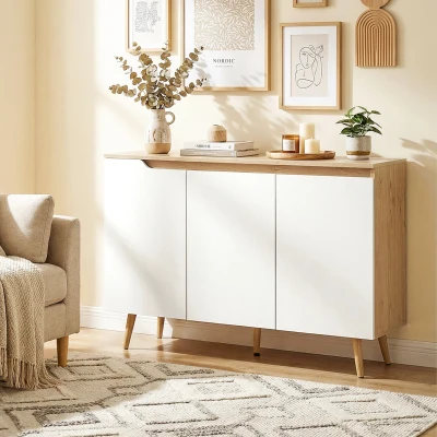 HOMCOM Aparador de Sala com 3 Portas Prateleiras Ajustáveis Pernas de Madeira para Cozinha Entrada 107x35x76,5 cm Carvalho e Branco