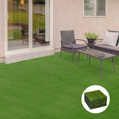 Outsunny 10-Piece Artificial Grass Set, Weatherproof Turf Tiles, 25mm Pile Height, Outdoor Carpet for Garden, Balcony & Patio, 30 x 30cm, Dark Green