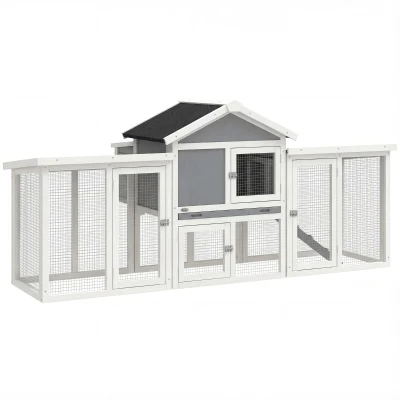PawHut Hühnerstall/Hasenstall Chalet-Modell, multifunktional: Rampen, Nistkästen, Auffangschale, aus Massivholz 204 x 85 x 93 cm grau
