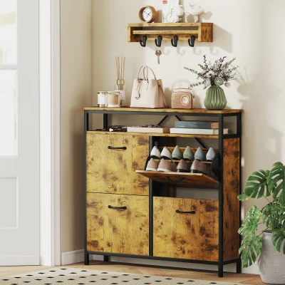 HOMCOM Shoe Cabinet 4 Flip Drawers Rustic Brown