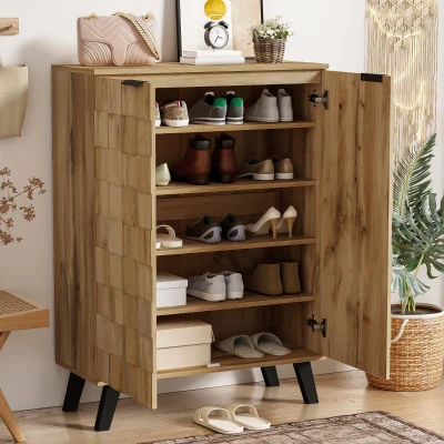 Sapateira Moderna com 5 Compartimentos, Padrão Geométrico com Veios de Madeira, para Corredor e Hall de Entrada, 80,5x35x109,5 cm, Cor Natural