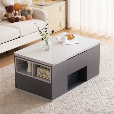 Lift-Top Coffee Table with 2 Push-to-Open Drawers and 3 Open CompartmentsStorage, Grey