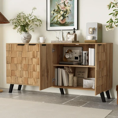 Aparador Moderno com 4 Portas, Padrão Geométrico de Veios de Madeira, Amplo Espaço de Arrumação, 160,5x35,5x78 cm, Cor Natural