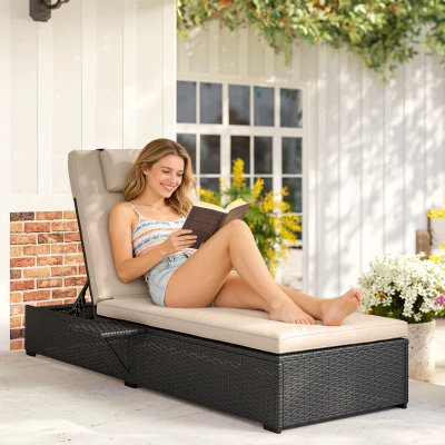 Outsunny Rattan Sun Lounger 5-Level Recliner with Cushion Black